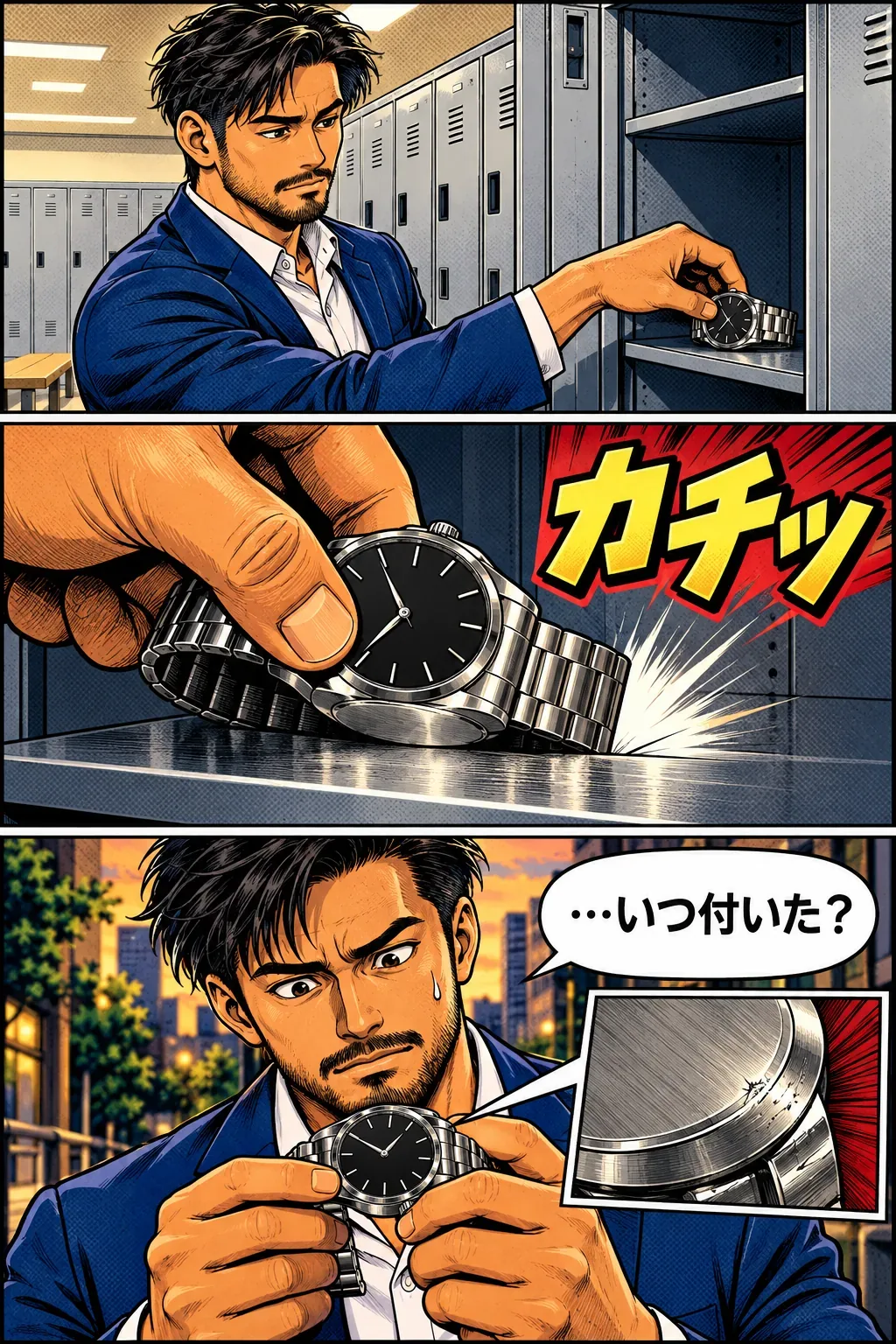 サウナのロッカーの金属の棚に腕時計を置いて、裏蓋に小さな傷。「…いつ付いた？」