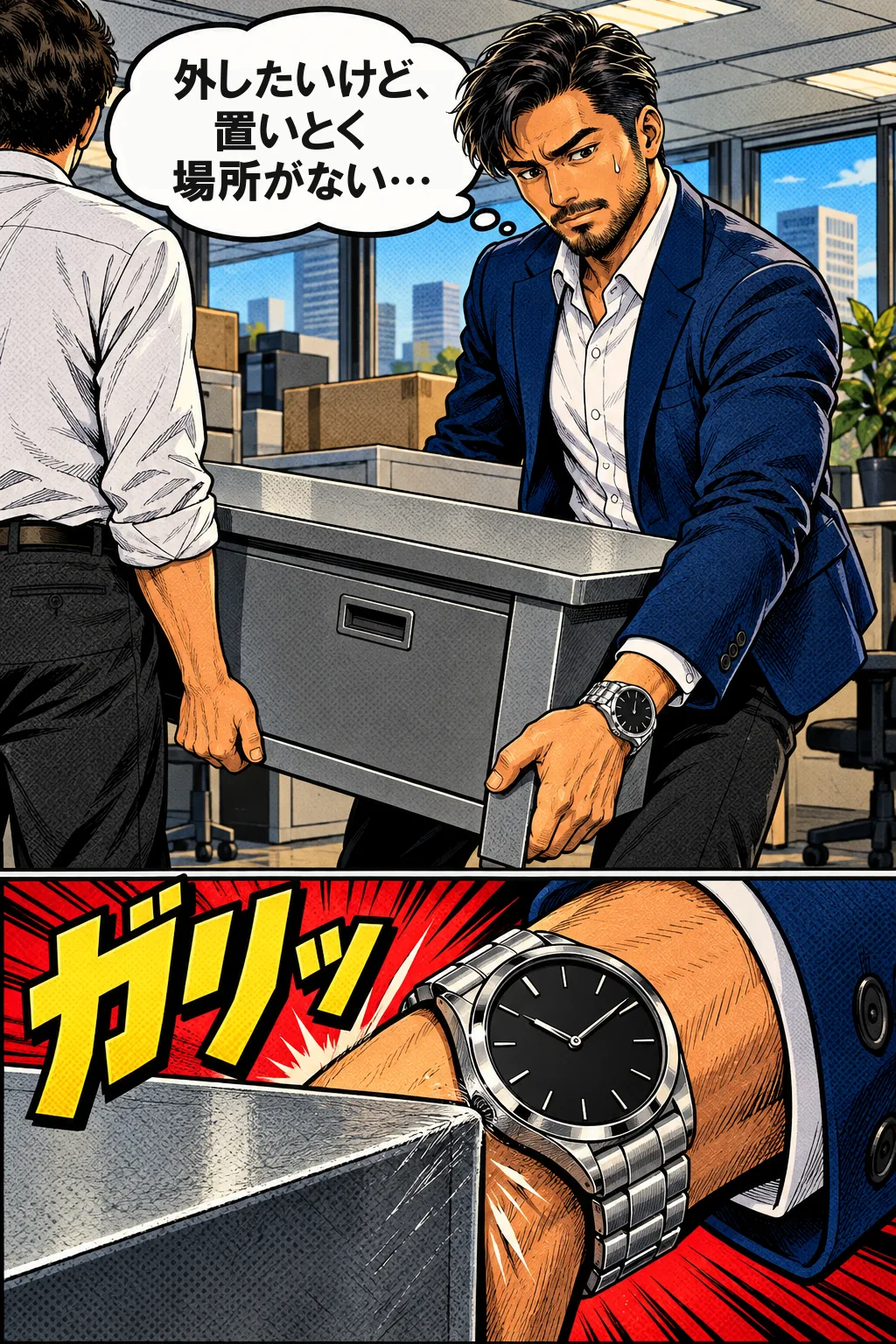 同僚と事務机を運ぶ最中、腕時計が金属の角に近い。外したいが置く場所がなく、着けたまま運んで「ガリッ」。