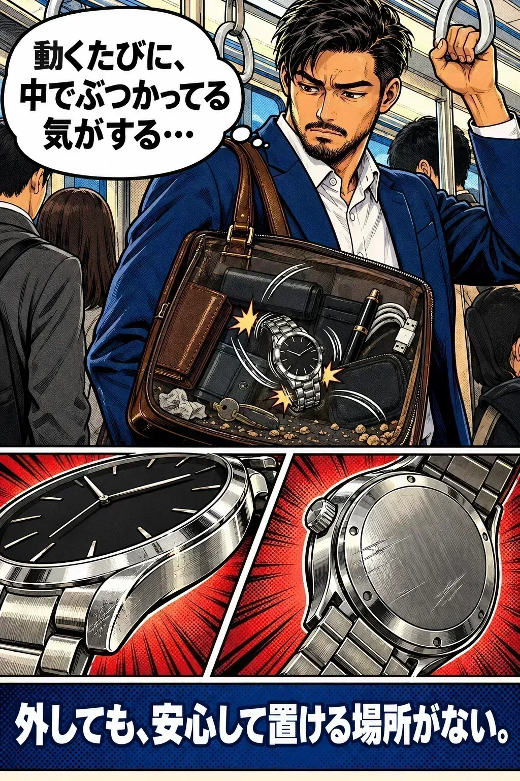 電車で鞄の中の腕時計が揺れてぶつかる。「外しても、着けたままでも、腕時計は傷つく。」
