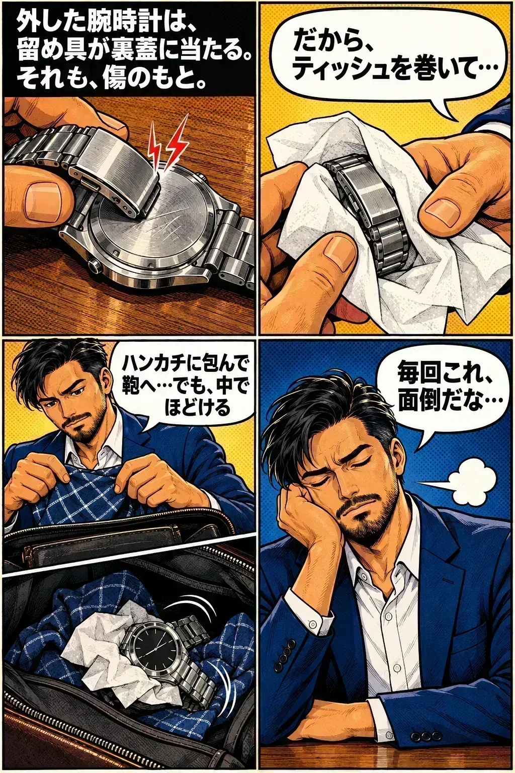 外した腕時計は留め具が裏蓋に当たる。それも傷のもと。だからティッシュを巻き、ハンカチに包んでも、鞄の中でほどけて動く。「毎回これ、面倒だな…」