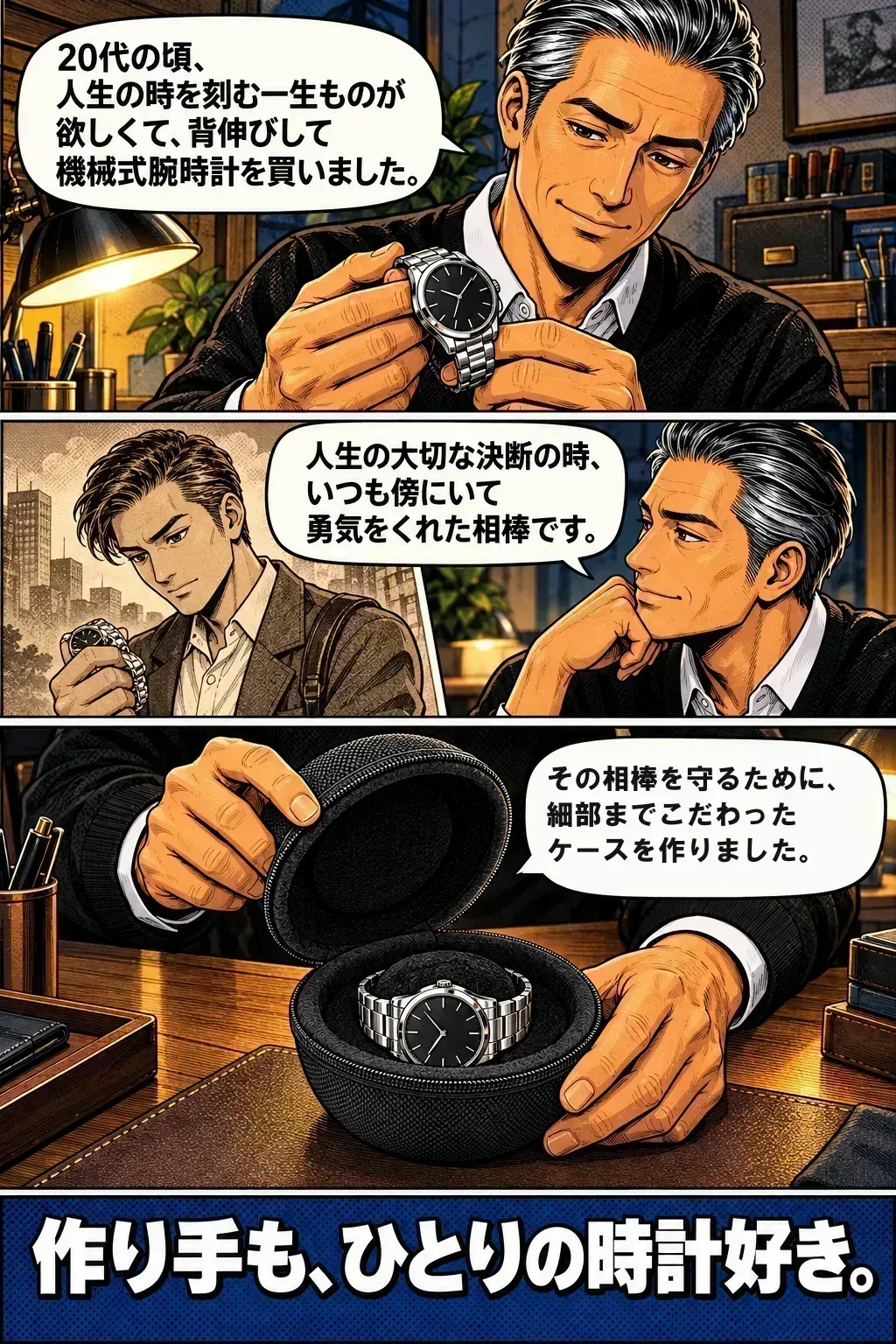 作り手の話。「20代の頃、人生の時を刻む一生ものが欲しくて、背伸びして機械式腕時計を買いました。」「人生の大切な決断の時、いつも傍にいて勇気をくれた相棒です。」「その相棒を守るために、細部までこだわったケースを作りました。」作り手も、ひとりの時計好き。
