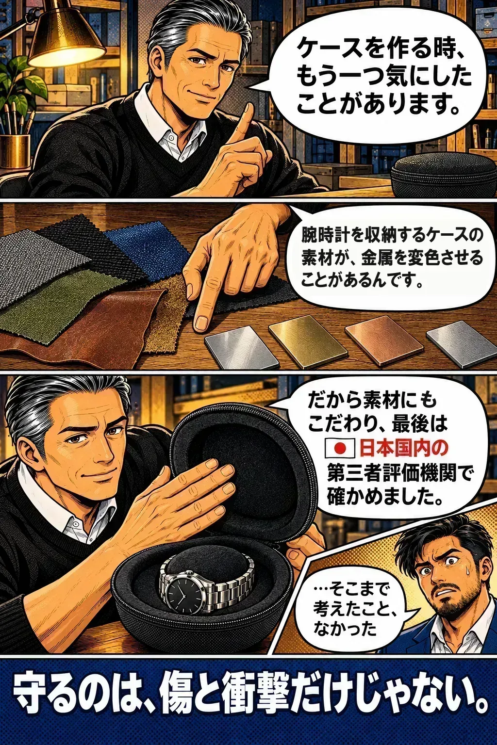 腕時計を収納するケースの素材が金属を変色させることがある。だから素材にもこだわり、最後は日本国内の第三者評価機関で確かめた。「守るのは、傷と衝撃だけじゃない。」