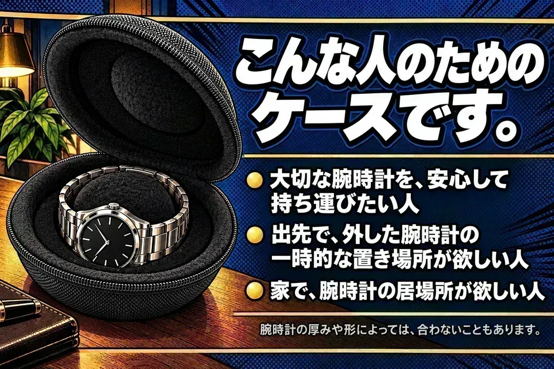 こんな人のためのケースです。金無垢など大切な素材の腕時計を持ち歩く人。外した腕時計の置き場に困る人。家でも腕時計の居場所が欲しい人。腕時計の厚みや形によっては、合わないこともあります。